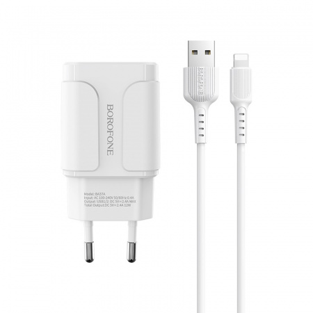 Зарядное устройство BOROFONE BA37A Speedy 2*USB, 2.4A, белый, кабель Lightning